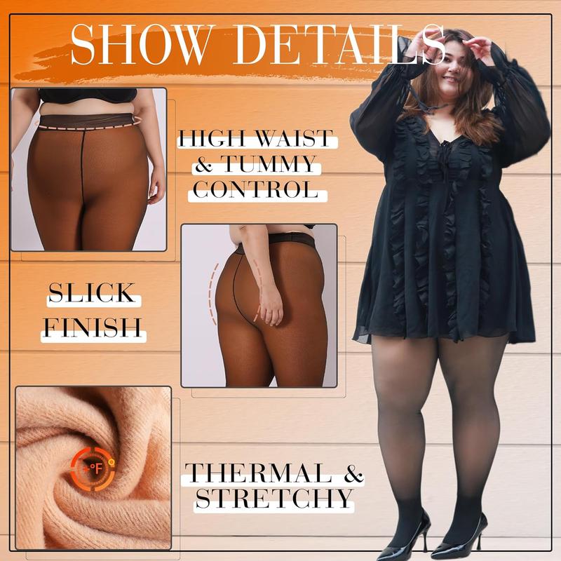 Plus Size Fleece Lined Tights for Women, Fake Translucent Warm Winter Leggings, Control Top Thermal Tights