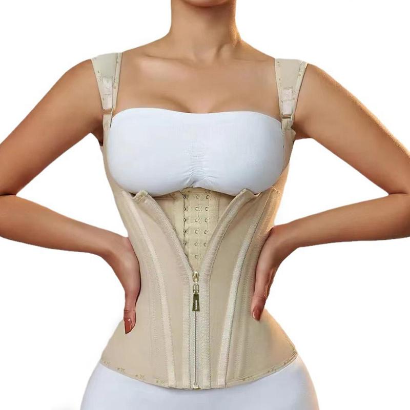 Sporty Women's Solid Color Zipper Open Bust Sports Waist Trainer Shapewear, Adjustable Hook & Eye Front Waist Cincher, Sports Tummy Control Compression Shaper, Workout Accessories