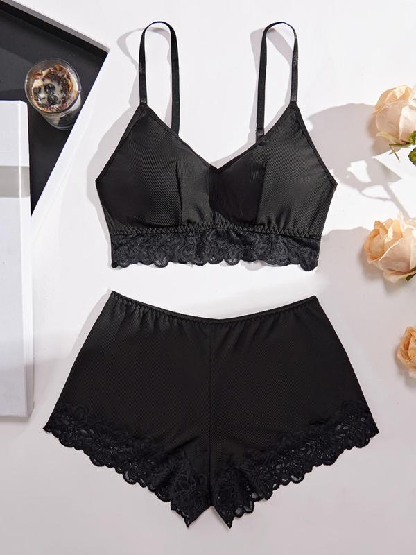 Women's Solid Contrast Lace Wireless Bra & Shorts Two-piece Set, Casual Comfy Breathable Ribbed Lingerie Set for Daily Wear, Underwear Set for Women