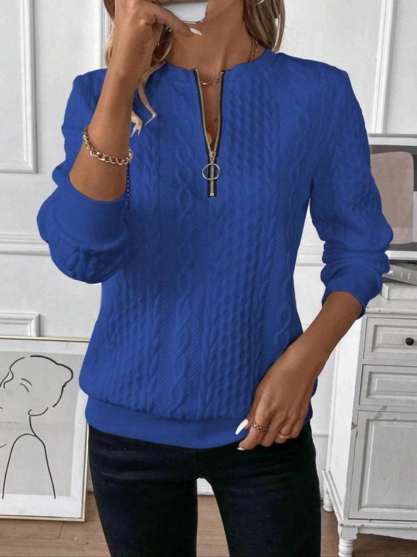 Women's Plain Textured Half Zip Up Sweatshirt, Casual Long Sleeve Round Neck Pullover for Fall & Winter, Ladies Clothes for Daily Wear