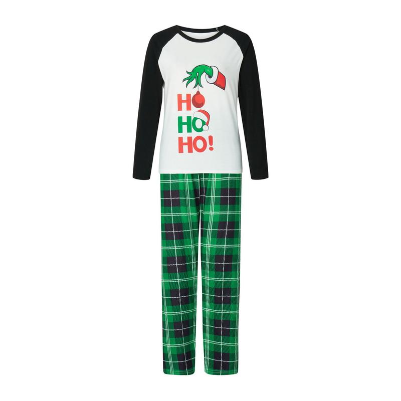 Matching Christmas Pajamas For Family Cartoon Print Raglan Long Sleeve Tops and Plaid Pants Loungewear Soft Sleepwear