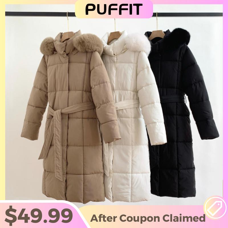 Go.G.G Faux Fur Long Belted Puffer Coat Womenswear Jackets Casual Fabric, Button Front Full Zip Long Sleeve Winter Warm Outerwear, Solid Color Pocket Design Coat for Women