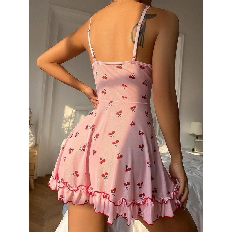 Cute Cherry Print Lace Trim Ruffle Hem Sleeveless Nightgown Chemise Loungewear Nightwear