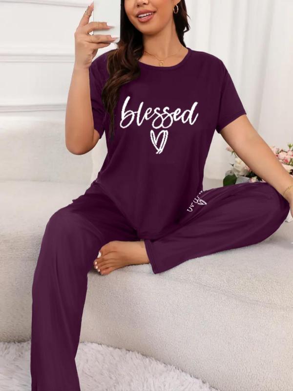  Letter Print Tee & Elastic Waist Pants Loungewear Two-piece Set, Casual Comfy Round Neck Short Sleeve T-shirt & Trousers Loungewear Set, Women's Loungewear for All Seasons