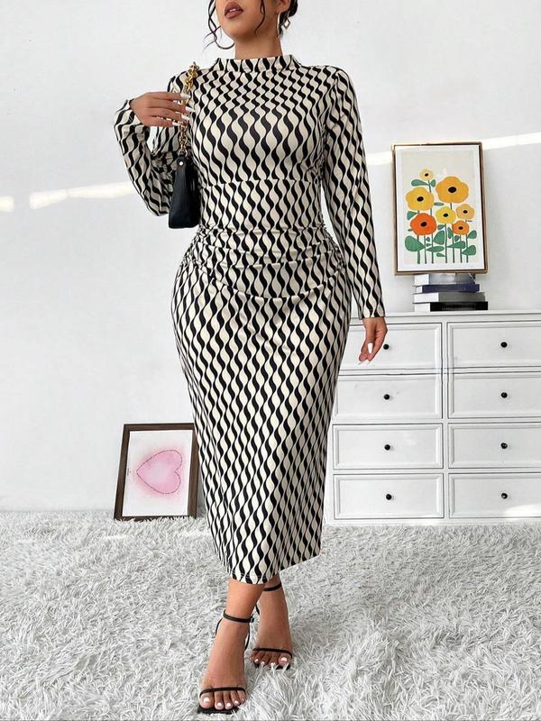 Womenswear  All Over Geometric Print Ruched Mock Neck Bodycon Dress, Formal Wear Elegant Long Sleeve Dress for Party Holiday Wedding Guest, Women's Clothes for Spring & Fall, Fall Outfits, Fallfreshness