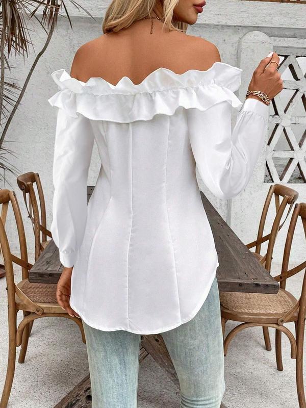 Women's Plain Ruffle Trim Off Shoulder Blouse, Elegant Bishop Sleeve Button Front Top for Fall, Women's Clothing for Daily Wear