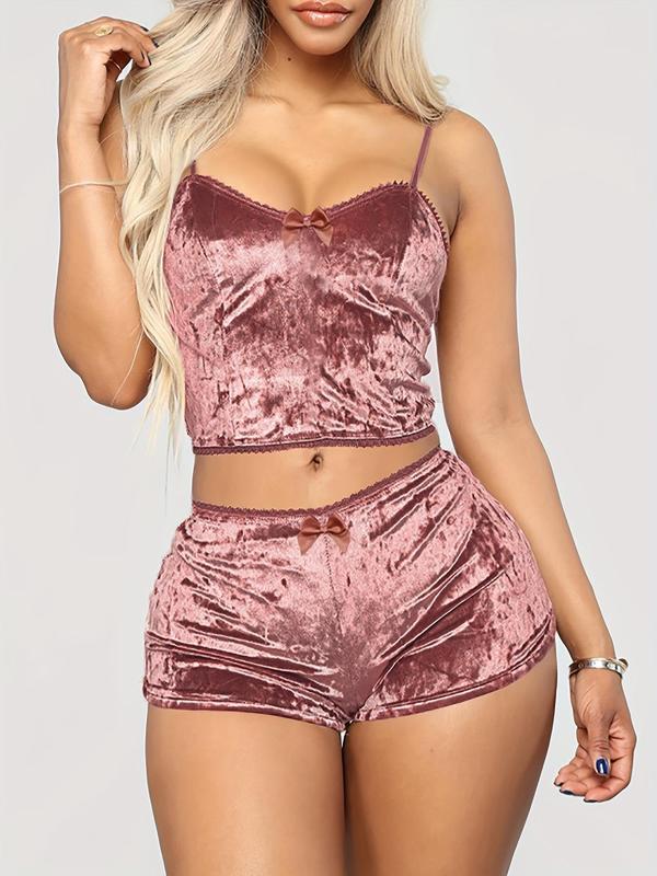 Women's Minimalist Bow Decor Velvet Two-Piece Set, Lady Casual Comfort Crop Cami Top & High Waist Modesty Shorts for Summer, Casual Summer Outfits Set for Ladies Outdoor Holiday, Womenswear Suits