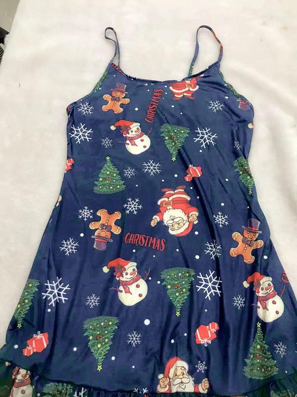 Women's Christmas Print Ruffle Hem Cami Nightdress, Adjustable Strap Backless Nightgown, Soft Comfortable Sleep Dress for Women