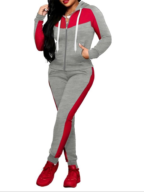 Two-piece Set Women's Colorblock Zip Up Hoodie & Pocket  Pants, Casual Long Sleeve Hooded Sweatshirt &  Jogger Pants for Daily Wear, Ladies Fall & Winter Clothes