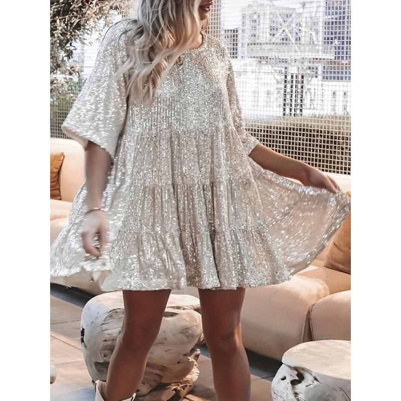 Stunning Sequined Crew Neck Loose Fit Dress - Elegant Half Sleeve, Flowy, Comfortable, Spring & Summer Essential, Women's Clothing, Perfect for Outdoor Activities