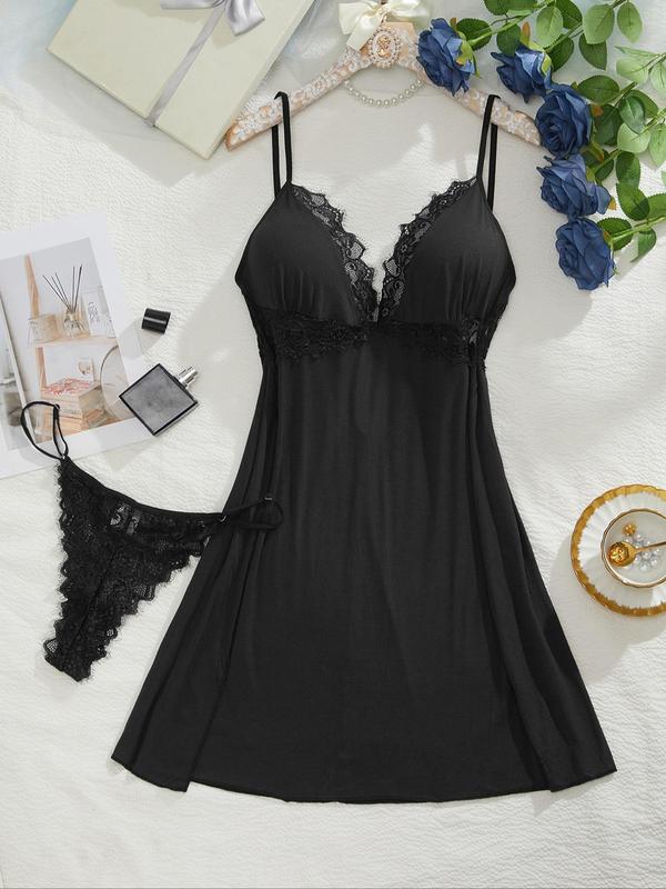  Contrast Lace Cami Nightdress & Sheer Thong, Casual Spaghetti Strap Sleeveless Nightgown for Women, Lounge Dresses for Women, Summer Clothes, Nightwear Sets, Women's Clothing, Women's Sleepwear