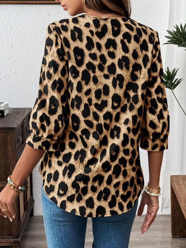 Women's Leopard Print Lapel Neck Blouse, Casual 3 4 Sleeve Top for Business Office Work, Ladies Clothes for All Seasons