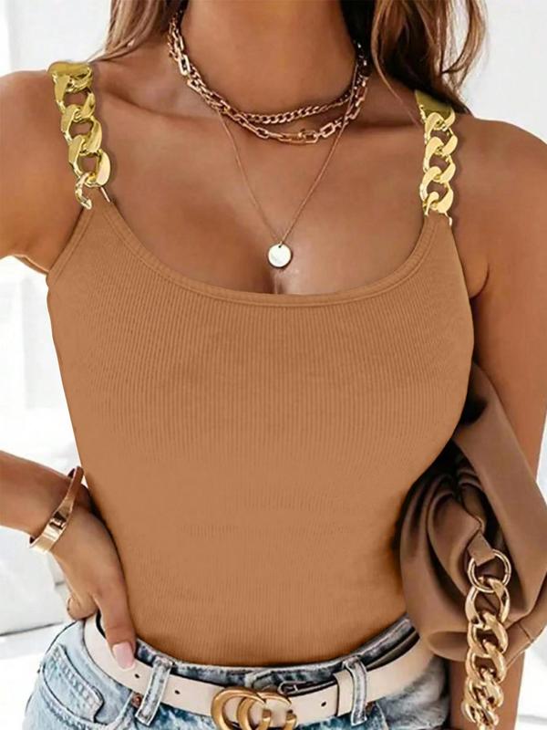 Chain Decor Ribbed Tank Tops for Women, Casual Round Neck Sleeveless Top, Ladies Clothes for Daily Wear