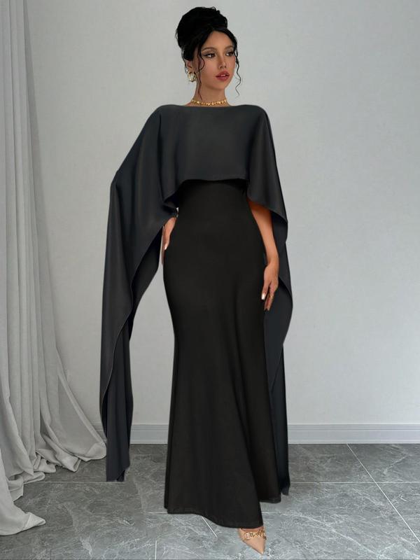 Women's Plain Cloak Sleeve Mermaid Dress, Elegant Boat Neck Extra-long Sleeve Dress for Party Banquet, Ladies Spring & Fall Clothes