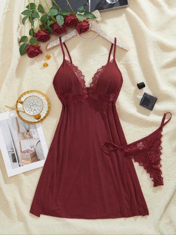  Contrast Lace Cami Nightdress & Sheer Thong, Casual Spaghetti Strap Sleeveless Nightgown for Women, Lounge Dresses for Women, Summer Clothes, Nightwear Sets, Women's Clothing, Women's Sleepwear