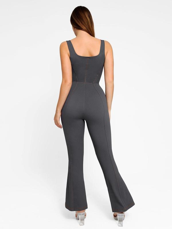 Popilush The Shapewear Denim Square Neck Tank Top Flare Jumpsuits Womenswear Comfortable Fabric