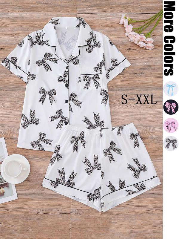 Women's All Over Bow Print Contrast Binding Lapel Shirt & Elastic Waist Shorts Pyjama, Casual Comfy Short Sleeve Pocket Top & Shorts PJ Set, Ladies Sleepwear for All Seasons