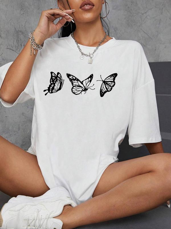 Women's Butterfly Graphic Print Round Neck Tee, Summer Clothes Women, Casual Fashion Drop Shoulder Half Sleeve T-shirt for Summer, Women's Top for Daily Wear