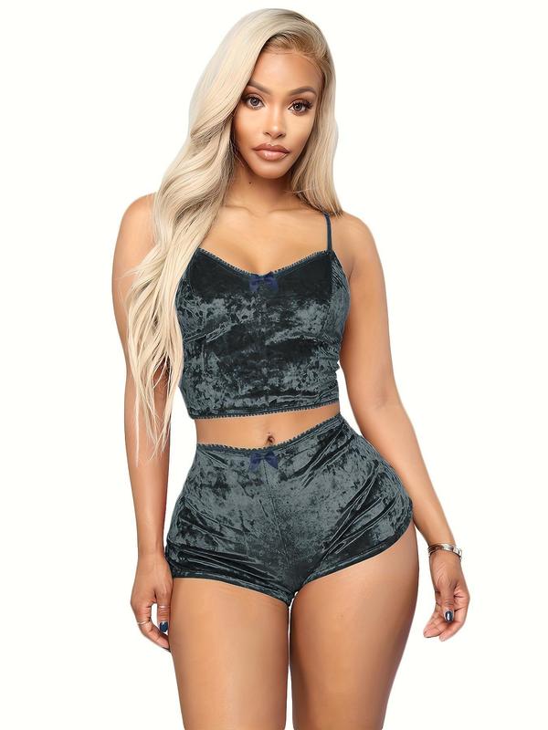 Women's Minimalist Bow Decor Velvet Two-Piece Set, Lady Casual Comfort Crop Cami Top & High Waist Modesty Shorts for Summer, Casual Summer Outfits Set for Ladies Outdoor Holiday, Womenswear Suits