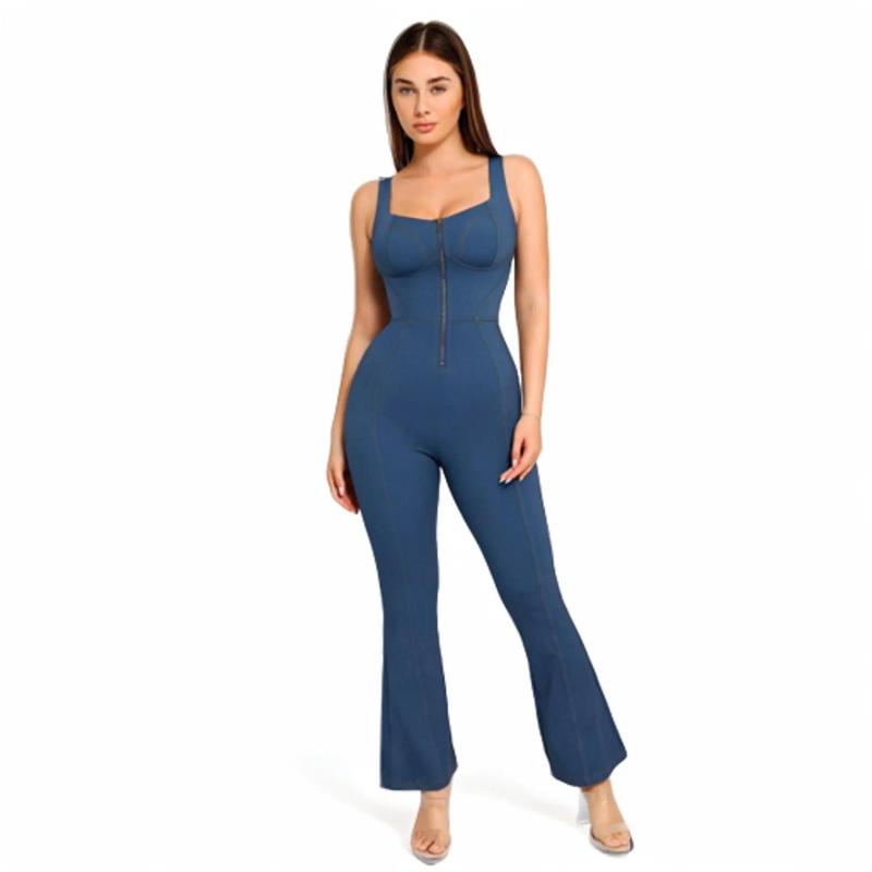 Popilush The Shapewear Denim Square Neck Tank Top Flare Jumpsuits Womenswear Comfortable Fabric