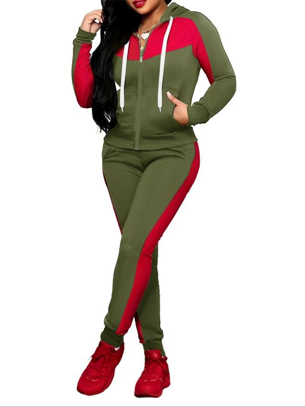 Two-piece Set Women's Colorblock Zip Up Hoodie & Pocket  Pants, Casual Long Sleeve Hooded Sweatshirt &  Jogger Pants for Daily Wear, Ladies Fall & Winter Clothes