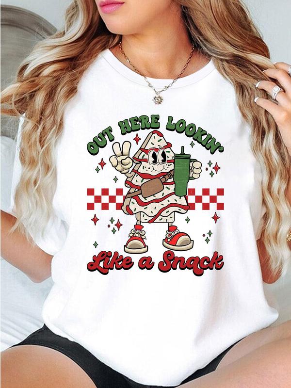 Women's Christmas Cheese Print Round Neck Tee, Casual Short Sleeve Crew Neck T-Shirt for Summer, Fashion Women's Top for Daily Wear