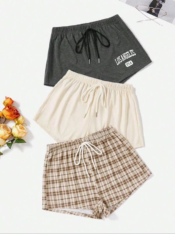 Women's Letter & Plaid Print Tie Front Shorts, Back To School Outfits, Casual Elastic Waist Shorts for Summer,  Shorts for Women, Fashion Women's Bottoms for Daily Wear Downtown Girl Clothes