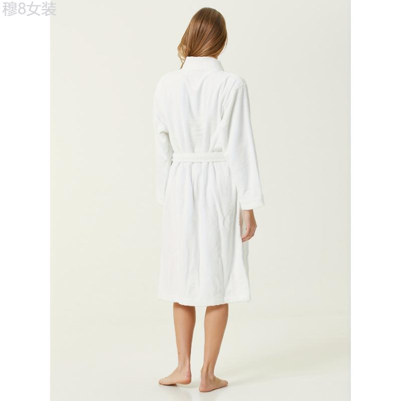 Simple Solid Flannel Long Robe, Warm & Fuzzy Lounge Robe With Pockets & Belt, Women's Sleepwear Fabric Womenswear