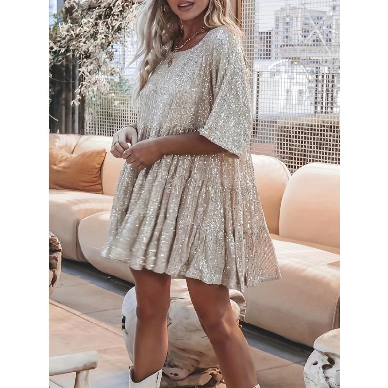 Stunning Sequined Crew Neck Loose Fit Dress - Elegant Half Sleeve, Flowy, Comfortable, Spring & Summer Essential, Women's Clothing, Perfect for Outdoor Activities