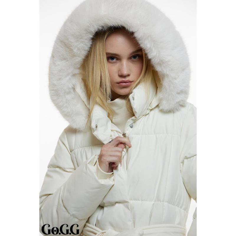 Go.G.G Faux Fur Long Belted Puffer Coat Womenswear Jackets Casual Fabric, Button Front Full Zip Long Sleeve Winter Warm Outerwear, Solid Color Pocket Design Coat for Women