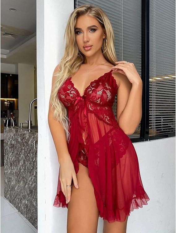 Lingerie for Women Lace Babydoll Halter Chemise V Neck Nightgown Sexy Sleepwear Nightdress