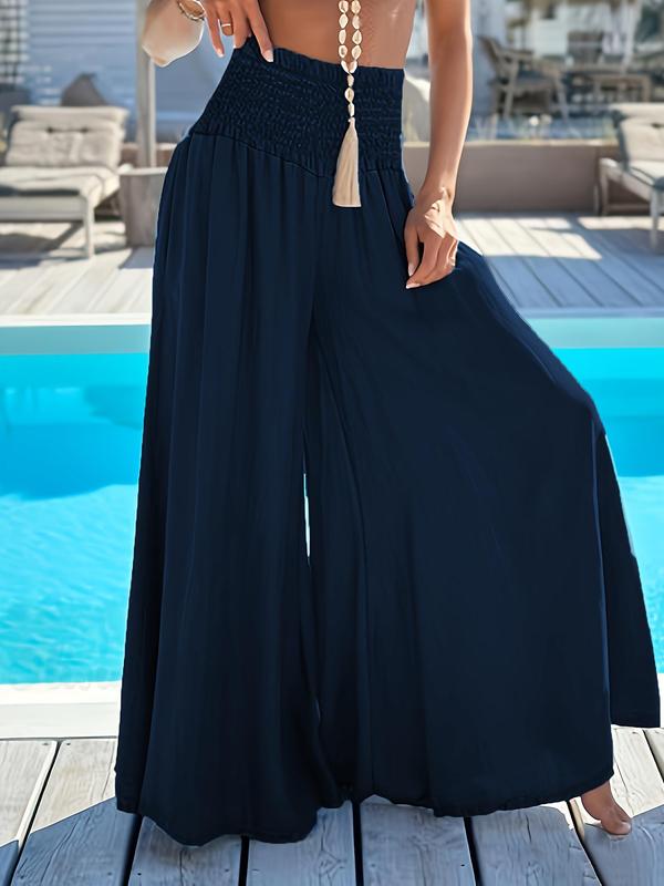 Women's Plain Shirred Wide Leg Pants, Boho Casual High Waist Trousers for Beach Vacation Holiday,  Comfy Pants, Palazzo Pants, Summer Bottoms, Back-to-school Clothing, Ladies Summer Clothes, Rave Outfits, Pants for Women