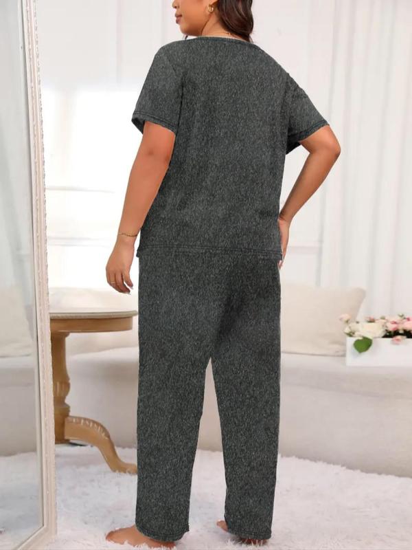  Letter Print Tee & Elastic Waist Pants Loungewear Two-piece Set, Casual Comfy Round Neck Short Sleeve T-shirt & Trousers Loungewear Set, Women's Loungewear for All Seasons