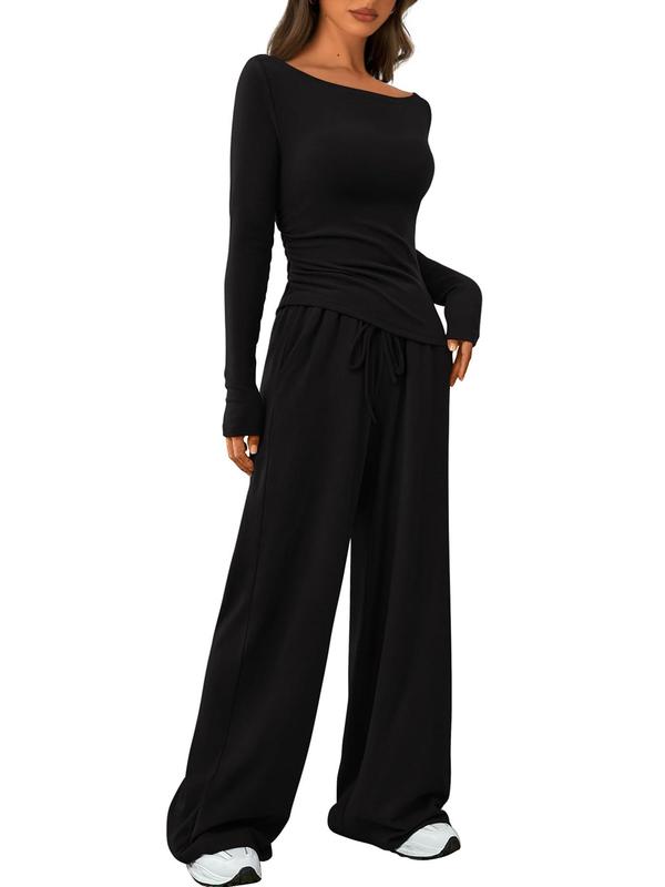 Women's Solid Boat Neck Long Sleeve Tee & Drawstring Waist Wide Leg Pants Loungewear Two-piece Set, Casual Comfy Pyjama Set for Women, Women's Sleepwear for Spring & Fall