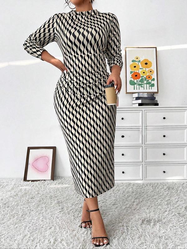 Womenswear  All Over Geometric Print Ruched Mock Neck Bodycon Dress, Formal Wear Elegant Long Sleeve Dress for Party Holiday Wedding Guest, Women's Clothes for Spring & Fall, Fall Outfits, Fallfreshness