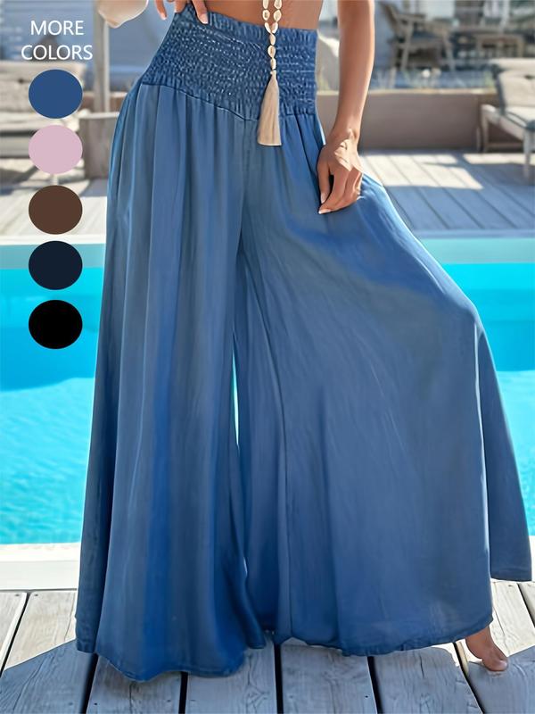 Women's Plain Shirred Wide Leg Pants, Boho Casual High Waist Trousers for Beach Vacation Holiday,  Comfy Pants, Palazzo Pants, Summer Bottoms, Back-to-school Clothing, Ladies Summer Clothes, Rave Outfits, Pants for Women