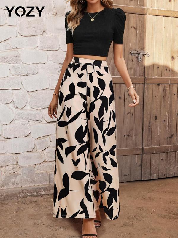 YOZY Christmas Deals, Puff Sleeve Ribbed Crop Top & All Over Print Wide Leg Pants Set  Elegant Round Neck Short Sleeve Top & Elastic Waist Trousers Set, Christmas 2024 Trend, Fall & Winter Outfits