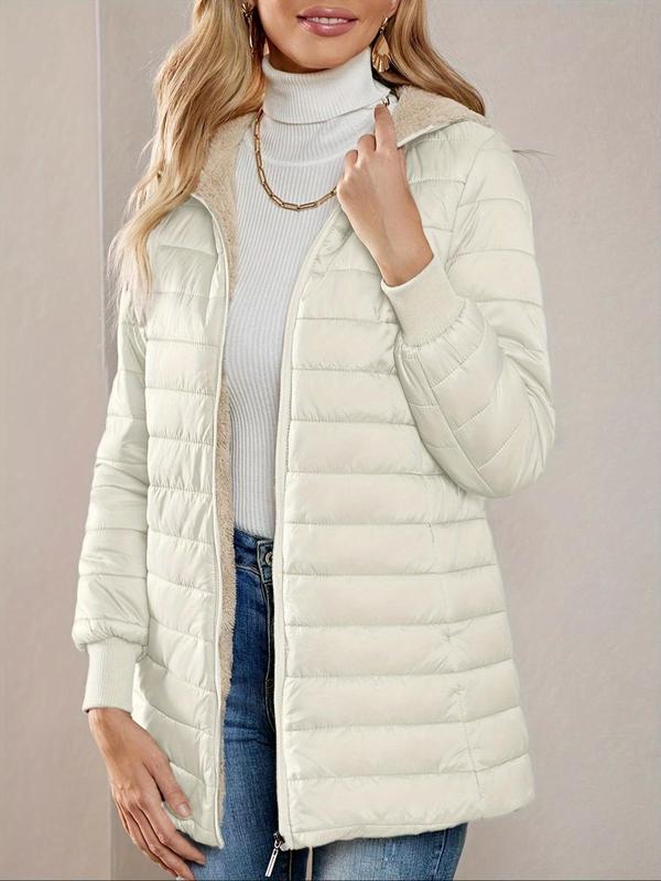 Women's Solid Color Pocket Zip Up Hooded Winter  Coat, Casual Long Sleeve Thermal Lined Outerwear for Fall & Winter, Women's Clothing for Daily Wear