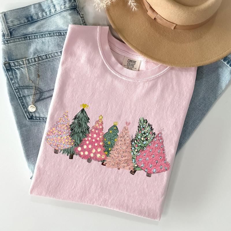 Sketched Christmas Trees, Christmas Heart, Vibrant, Winter, Snow, Xmas Tshirt, Christmas Comfort Colors Tshirt, Women's Graphic Tee, Xmas, Santa, Winter, Snow