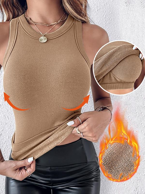 Women's Solid Color Round Neck Thermal Lined Tank Top, Casual Sleeveless Chest Pad Crew Neck Top for Spring & Fall, Women's Clothing for Daily Wear