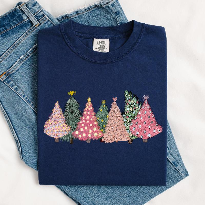 Sketched Christmas Trees, Christmas Heart, Vibrant, Winter, Snow, Xmas Tshirt, Christmas Comfort Colors Tshirt, Women's Graphic Tee, Xmas, Santa, Winter, Snow