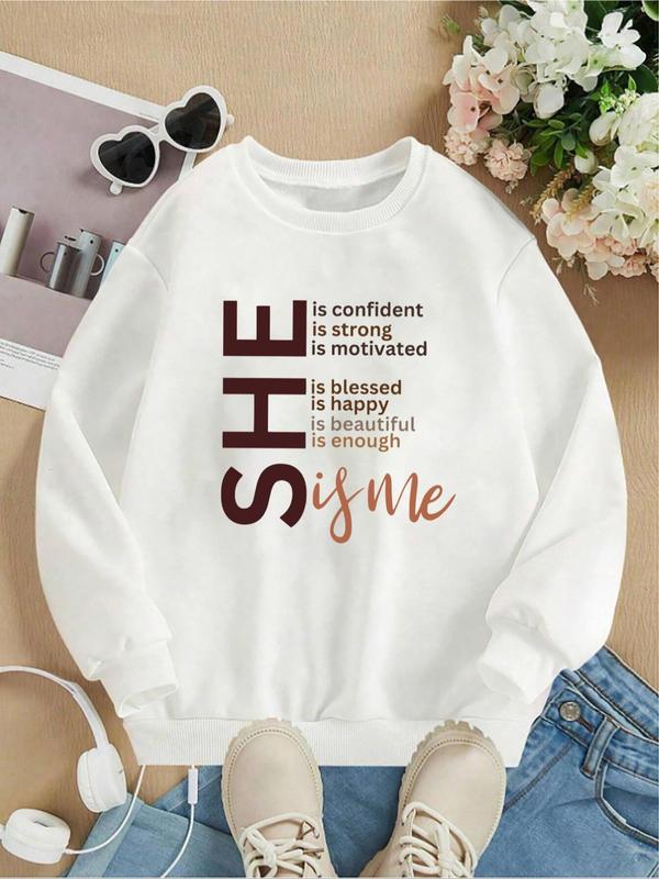 Women's Letter Print Drop Shoulder Sweatshirt, Casual Long Sleeve Round Neck Pullover for Fall & Winter, Ladies Clothes for Daily Wear