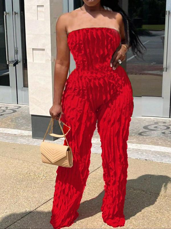 Women's Solid Color Backless Ruffle Trim Tulle Tube Jumpsuit, Fashion Casual Sleeveless Strapless Jumpsuit for Daily Outdoor Wear, Ladies Clothes for All Seasons