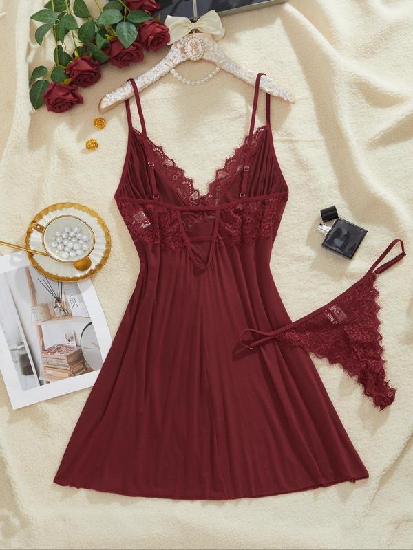  Contrast Lace Cami Nightdress & Sheer Thong, Casual Spaghetti Strap Sleeveless Nightgown for Women, Lounge Dresses for Women, Summer Clothes, Nightwear Sets, Women's Clothing, Women's Sleepwear