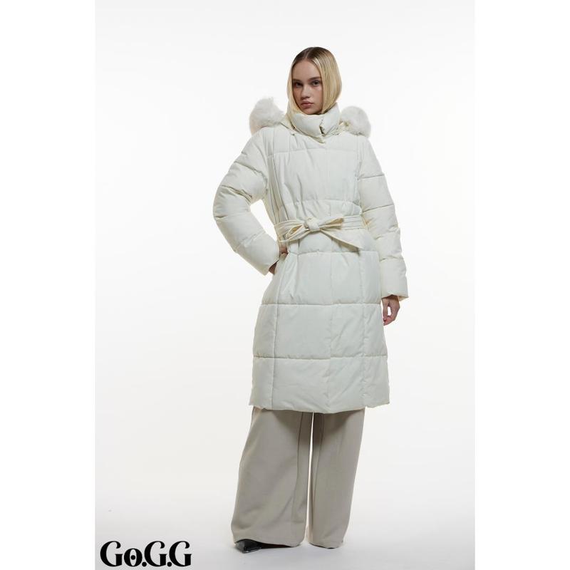 Go.G.G Faux Fur Long Belted Puffer Coat Womenswear Jackets Casual Fabric, Button Front Full Zip Long Sleeve Winter Warm Outerwear, Solid Color Pocket Design Coat for Women