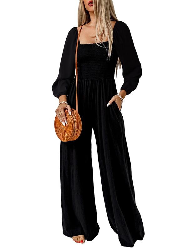 AUXDIO Womens Casual Square Neck Long Sleeve Jumpsuits Loose Smocked Wide Leg Romper with Pockets Women's Long