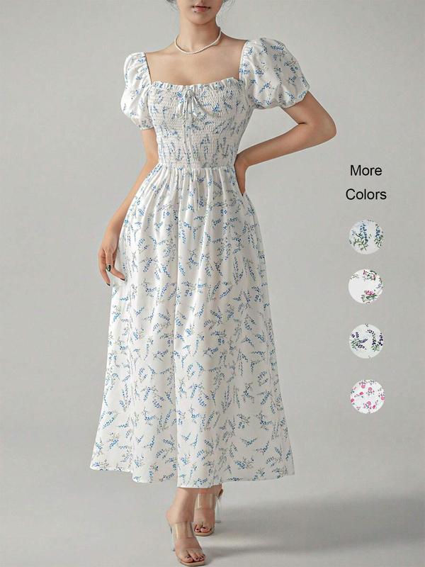 Women's Ditsy Floral Print Frill Shirred Tie Front A Line Dress, Boho Romantic Puff Sleeve Square Neck Long Dress for Beach Vacation Holiday Wedding Guest, Ladies Summer Clothes