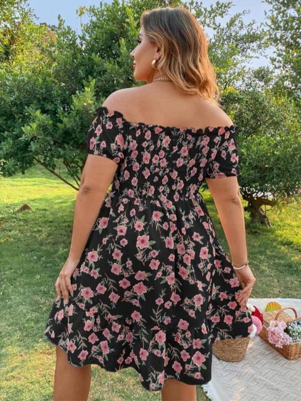  All Over Floral Print Frill Trim Shirred Off Shoulder A Line Vintage Dress, Plus Boho Romantic Short Sleeve Ruffle Hem Knee Length Dress for Beach Vacation Holiday Wedding Guest, Women's Plus Clothes for Summer, Plus Size Fall Clothing