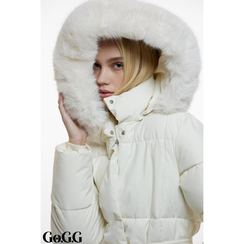 Go.G.G Faux Fur Long Belted Puffer Coat Womenswear Jackets Casual Fabric, Button Front Full Zip Long Sleeve Winter Warm Outerwear, Solid Color Pocket Design Coat for Women