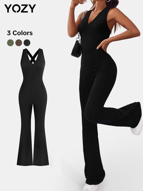 YOZY [4 Colors, Size 4-14] Criss Cross Ribbed Flare Leg Tank Jumpsuit  Comfort Casual Sleeveless Bell Bottom Jumpsuit, 2024 Women's Summer Outfits for Daily Wear, [S-XXL]